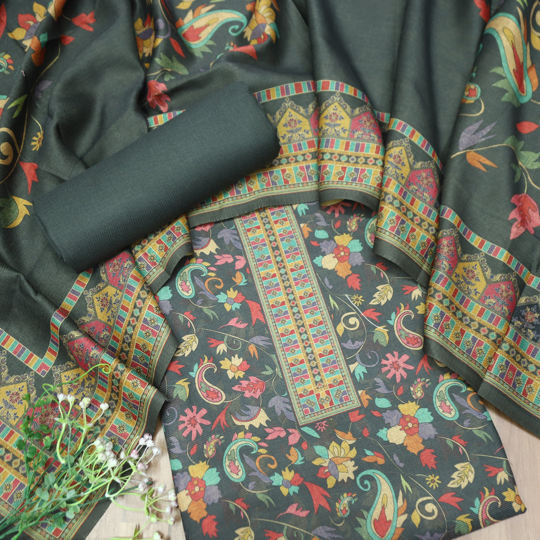 Rashmika Charcoal Grey Kanni Floral Printed Semi Pashmina Winter Set