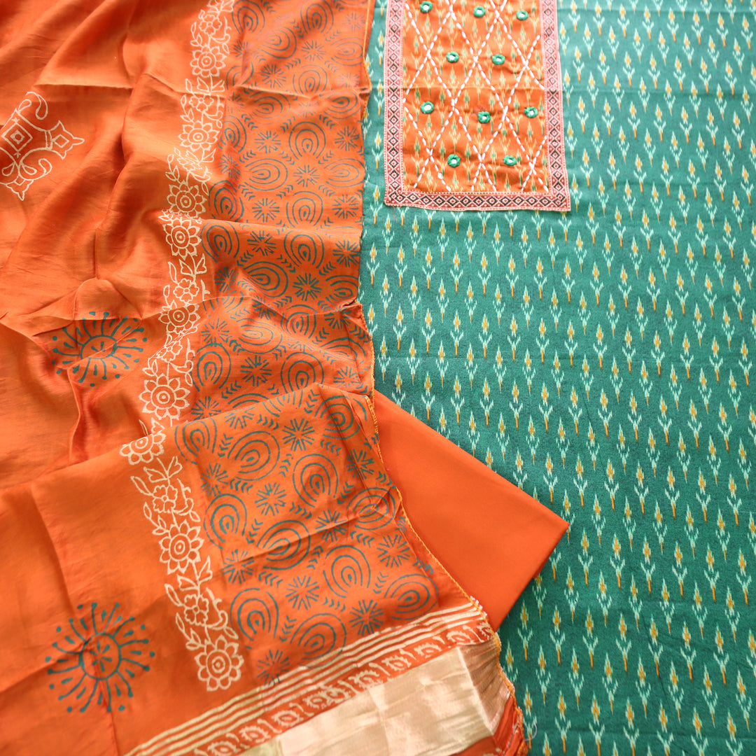 Rangroop Green with Orange Thread with Mirror Yoke Ikkat Print Cotton Suit Set