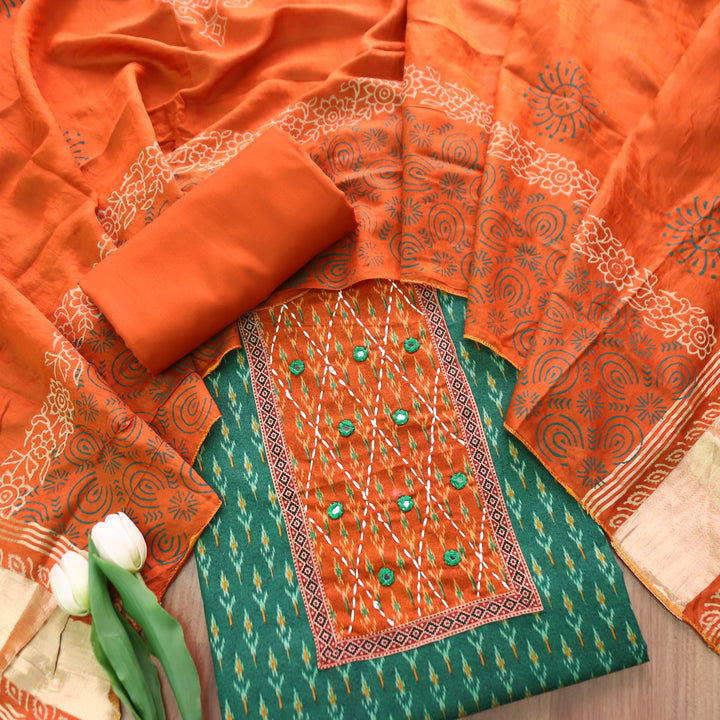 Rangroop Green with Orange Thread with Mirror Yoke Ikkat Print Cotton Suit Set