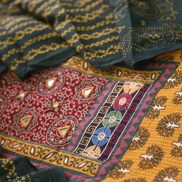 Ruhani Corn Yellow Ajrak Print Mirror Work Neck Cotton Suit Set