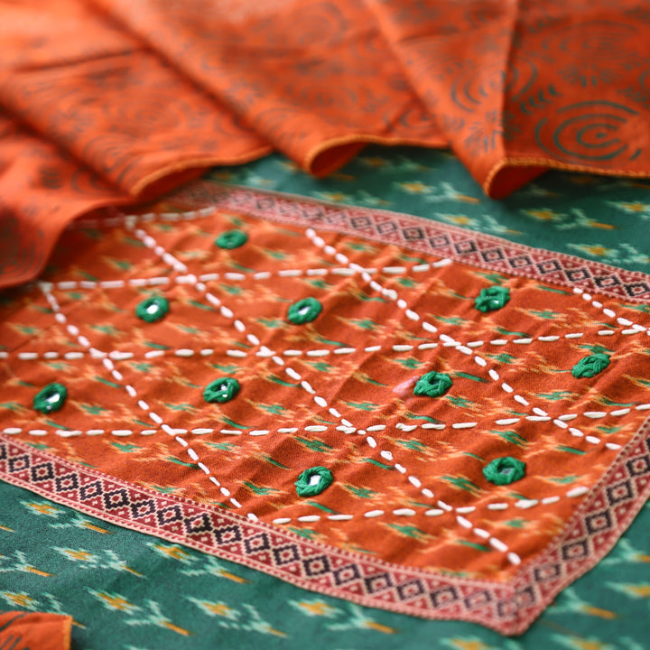 Rangroop Green with Orange Thread with Mirror Yoke Ikkat Print Cotton Suit Set