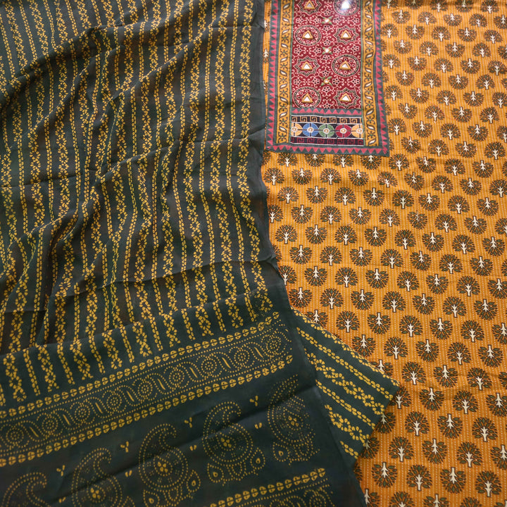 Ruhani Corn Yellow Ajrak Print Mirror Work Neck Cotton Suit Set