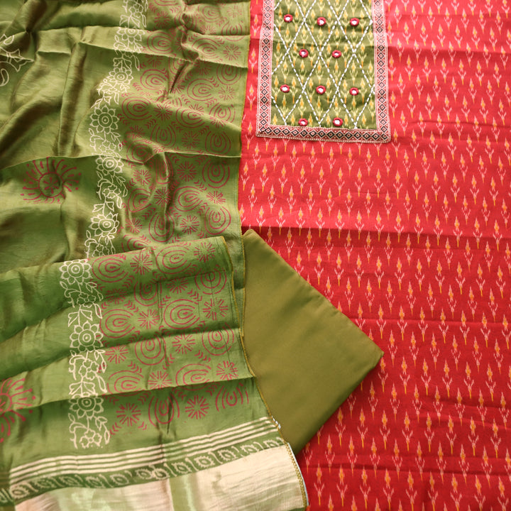 Rangroop Red with Green Thread with Mirror Yoke Ikkat Print Cotton Suit Set