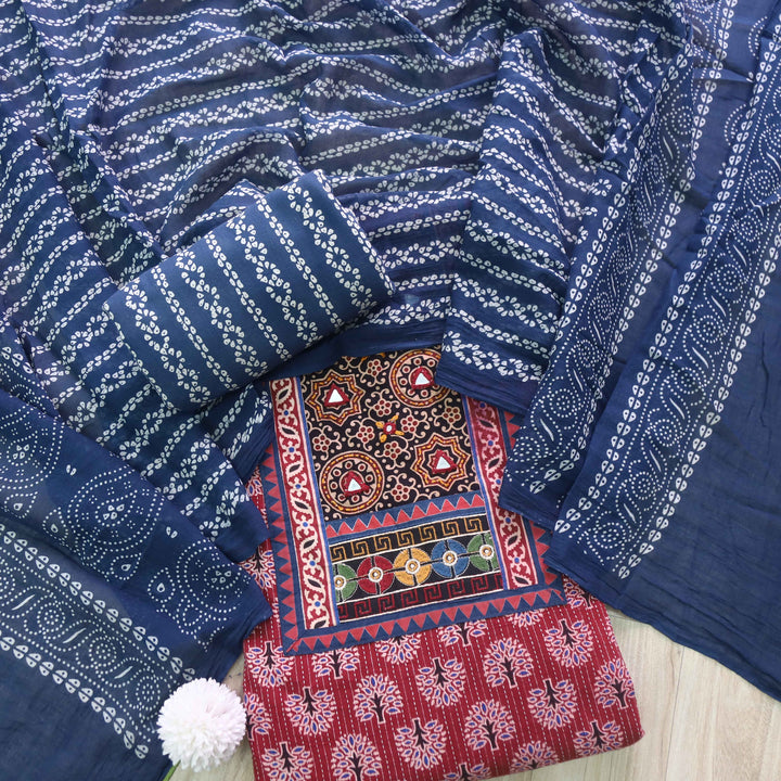 Ruhani Cherry Red Ajrak Print Mirror Work Neck Cotton Suit Set