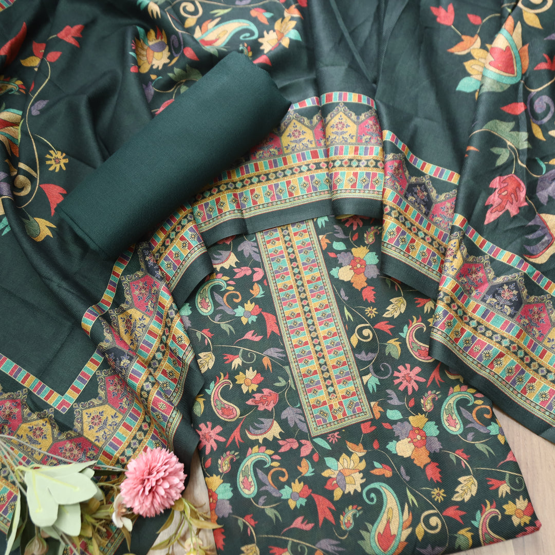 Rashmika Dark Green Kanni Floral Printed Semi Pashmina Winter Set