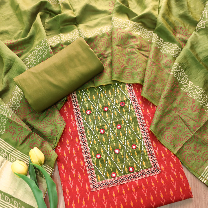 Rangroop Red with Green Thread with Mirror Yoke Ikkat Print Cotton Suit Set