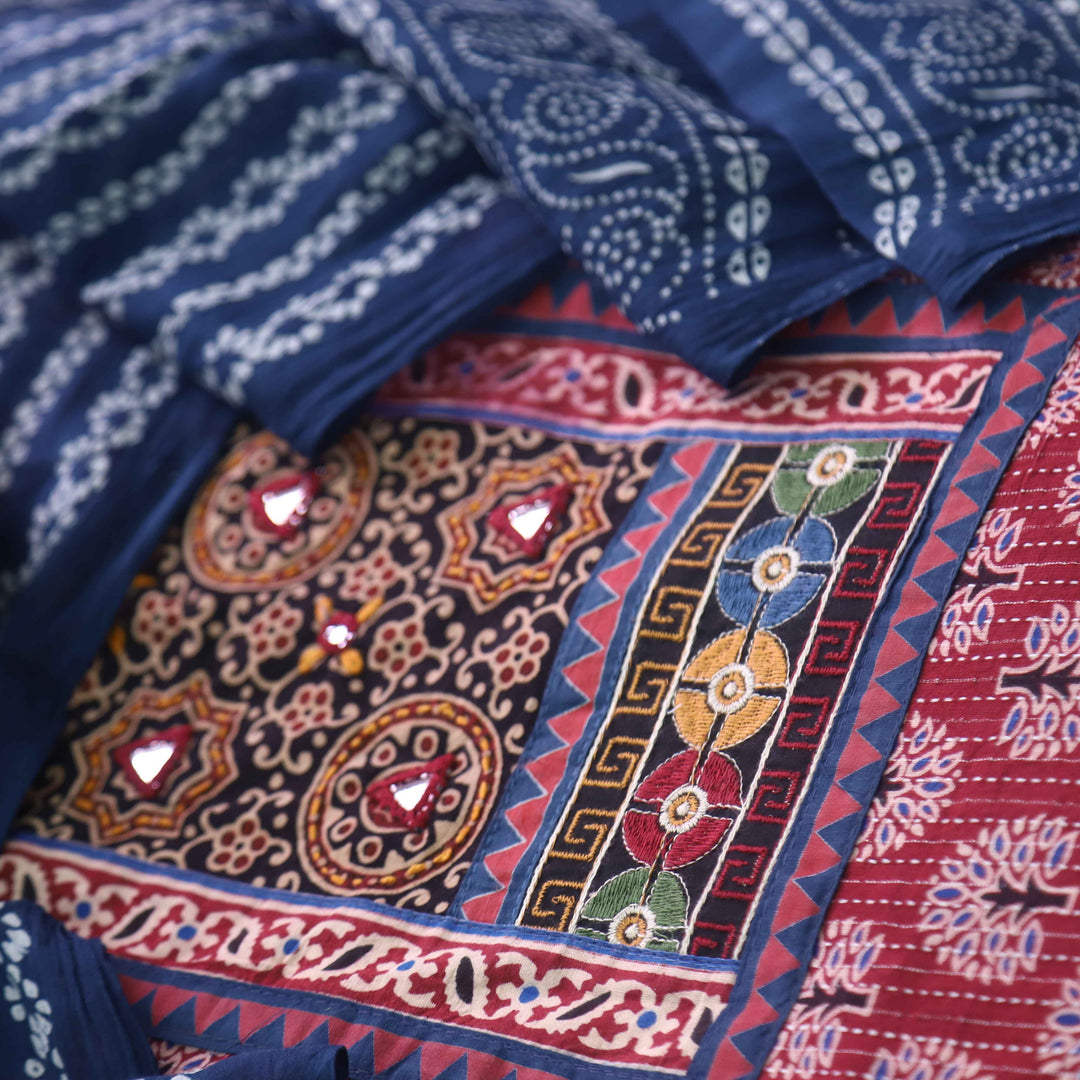 Ruhani Cherry Red Ajrak Print Mirror Work Neck Cotton Suit Set