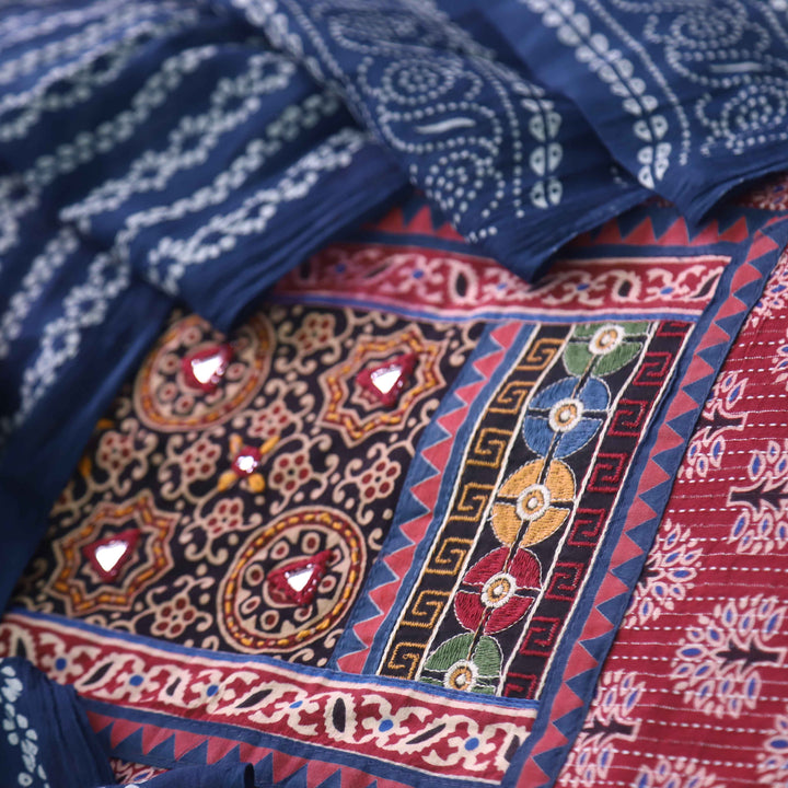 Ruhani Cherry Red Ajrak Print Mirror Work Neck Cotton Suit Set