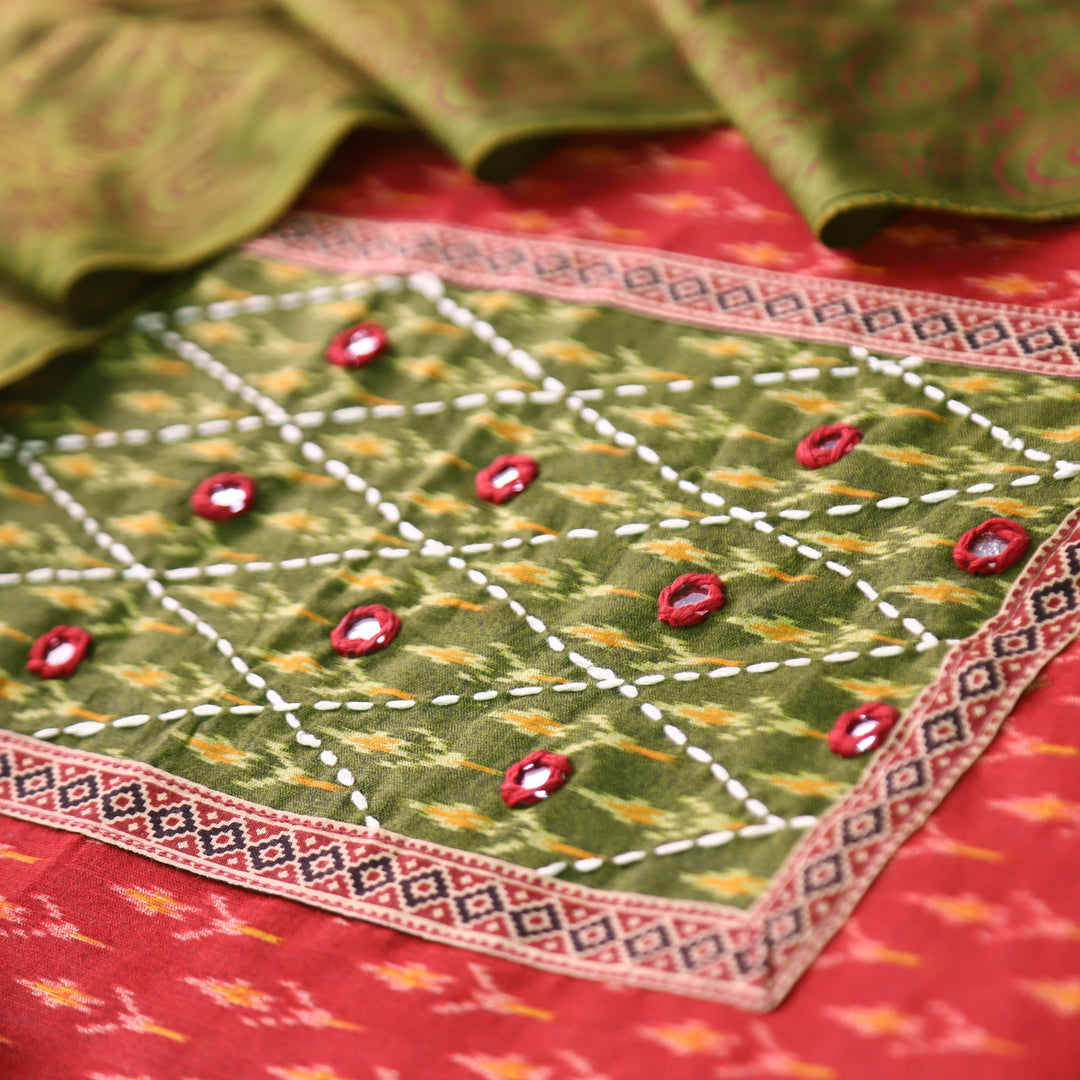 Rangroop Red with Green Thread with Mirror Yoke Ikkat Print Cotton Suit Set