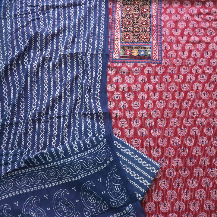 Ruhani Cherry Red Ajrak Print Mirror Work Neck Cotton Suit Set