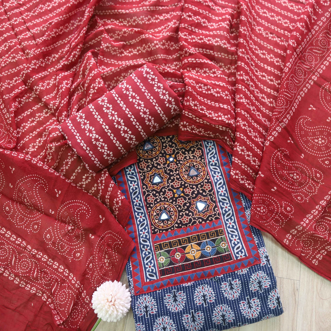 Ruhani Night Blue Ajrak Print Mirror Work Neck Cotton Suit Set