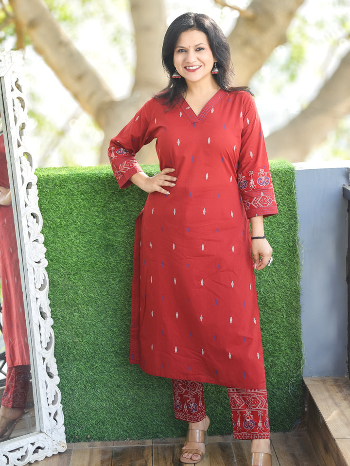 Pankhudi Cherry Red V Neck Pigment Printed Work Cotton 2 Piece Set