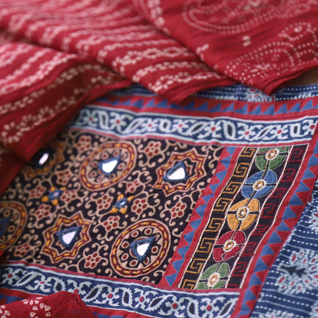 Ruhani Night Blue Ajrak Print Mirror Work Neck Cotton Suit Set