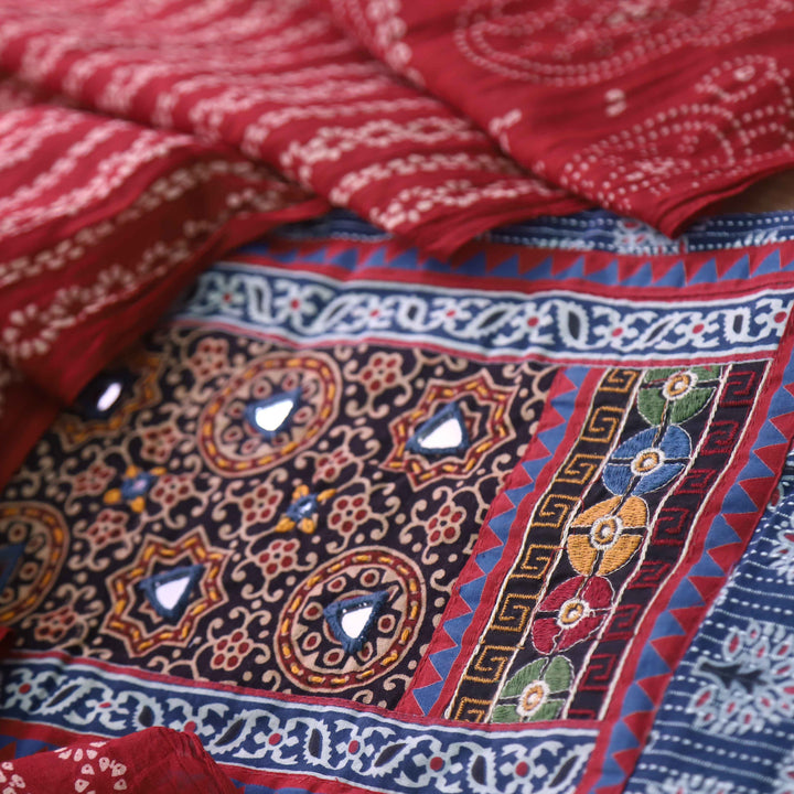 Ruhani Night Blue Ajrak Print Mirror Work Neck Cotton Suit Set