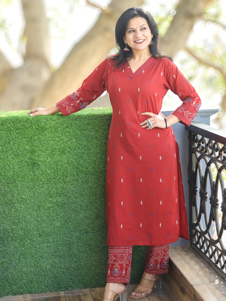 Pankhudi Cherry Red V Neck Pigment Printed Work Cotton 2 Piece Set