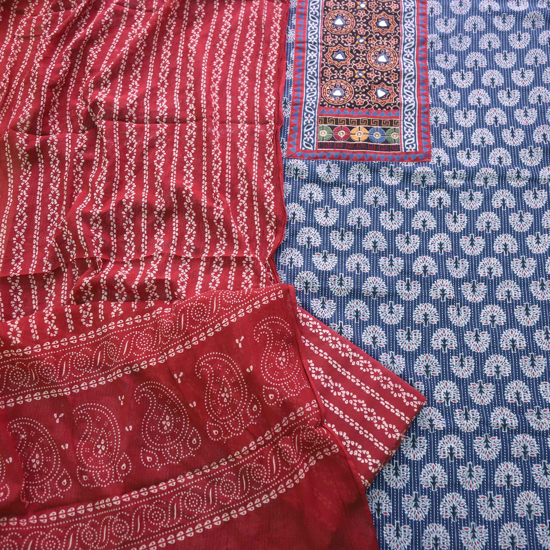 Ruhani Night Blue Ajrak Print Mirror Work Neck Cotton Suit Set