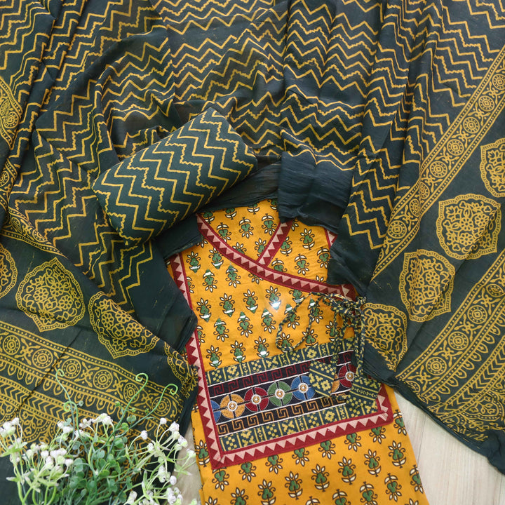 Surmai Canary Yellow Angrakha Style Ajrak Printed Cotton Suit Set