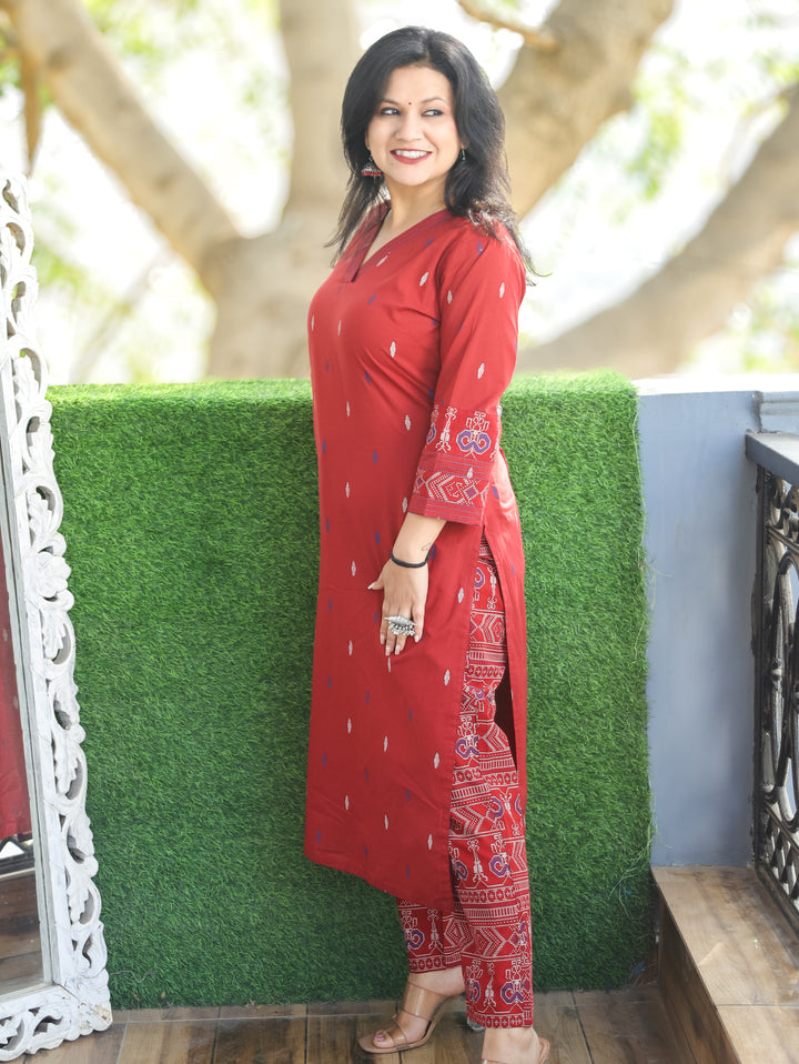 Pankhudi Cherry Red V Neck Pigment Printed Work Cotton 2 Piece Set