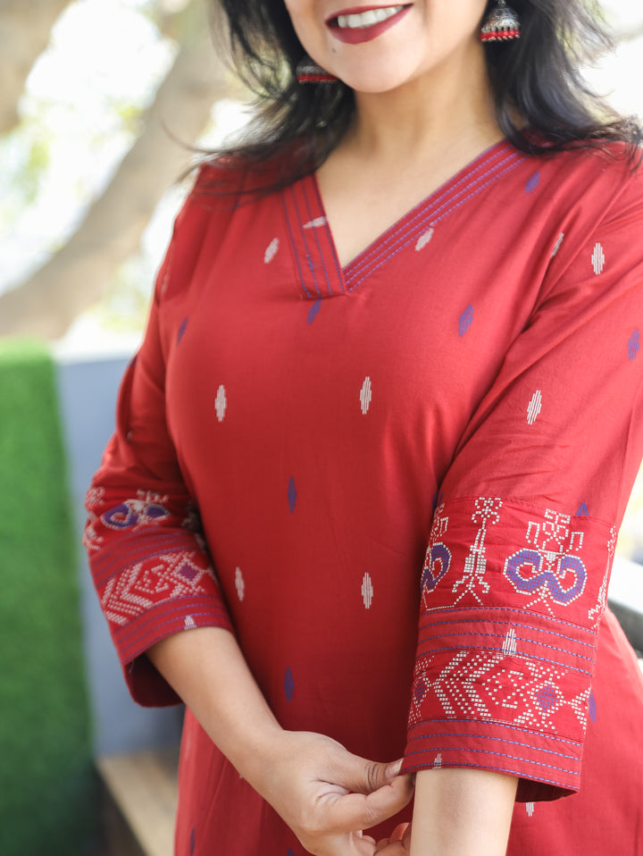 Pankhudi Cherry Red V Neck Pigment Printed Work Cotton 2 Piece Set