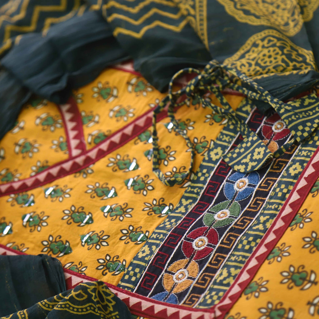 Surmai Canary Yellow Angrakha Style Ajrak Printed Cotton Suit Set