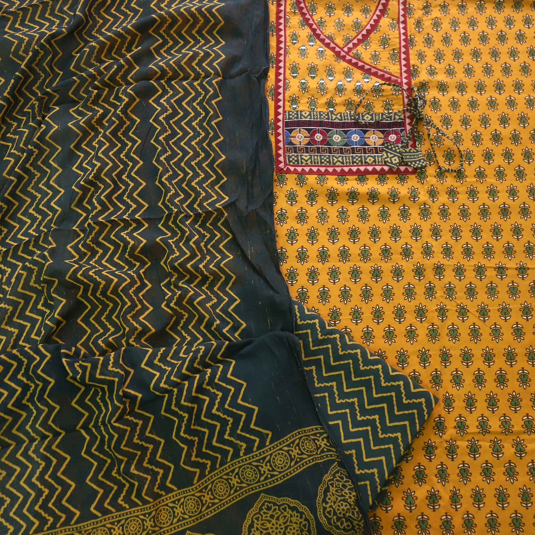 Surmai Canary Yellow Angrakha Style Ajrak Printed Cotton Suit Set