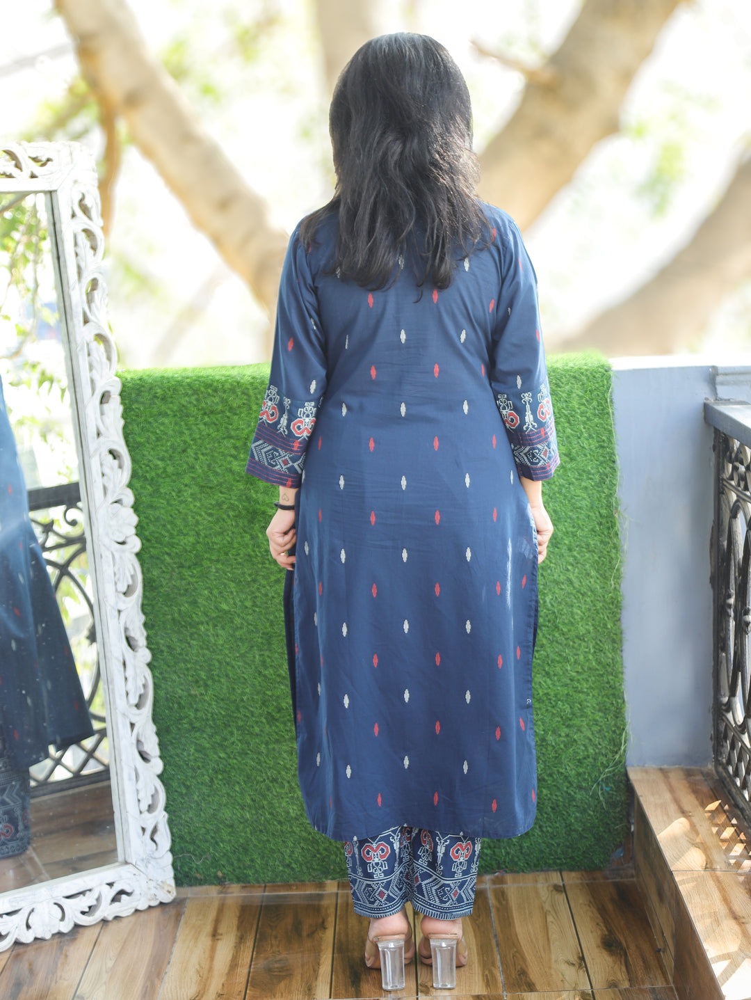 Pankhudi Denim Blue V Neck Pigment Printed Work Cotton 2 Piece Set