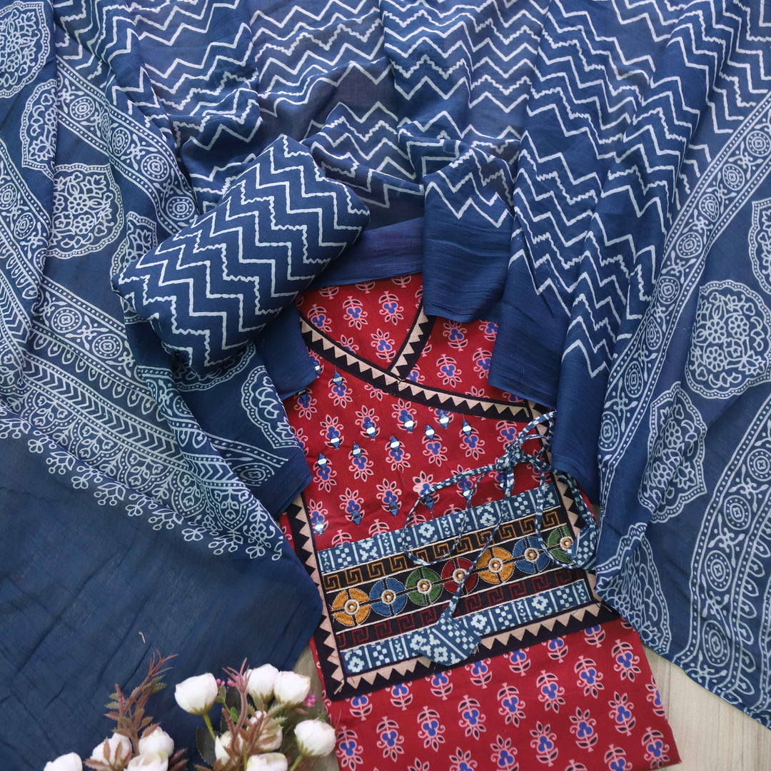 Surmai Berry Red Angrakha Style Ajrak Printed Cotton Suit Set