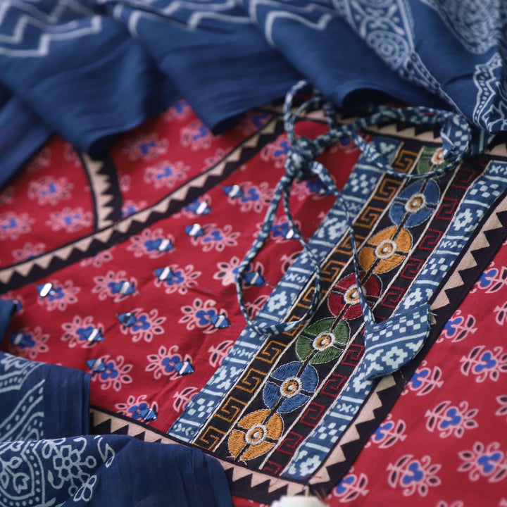 Surmai Berry Red Angrakha Style Ajrak Printed Cotton Suit Set