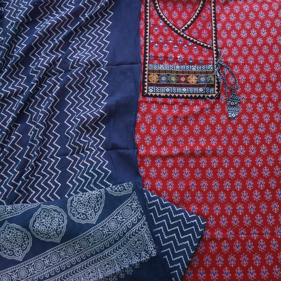 Surmai Berry Red Angrakha Style Ajrak Printed Cotton Suit Set