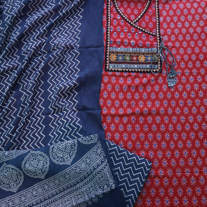 Ruhani Cherry Red Ajrak Print Mirror Work Neck Cotton Suit Set