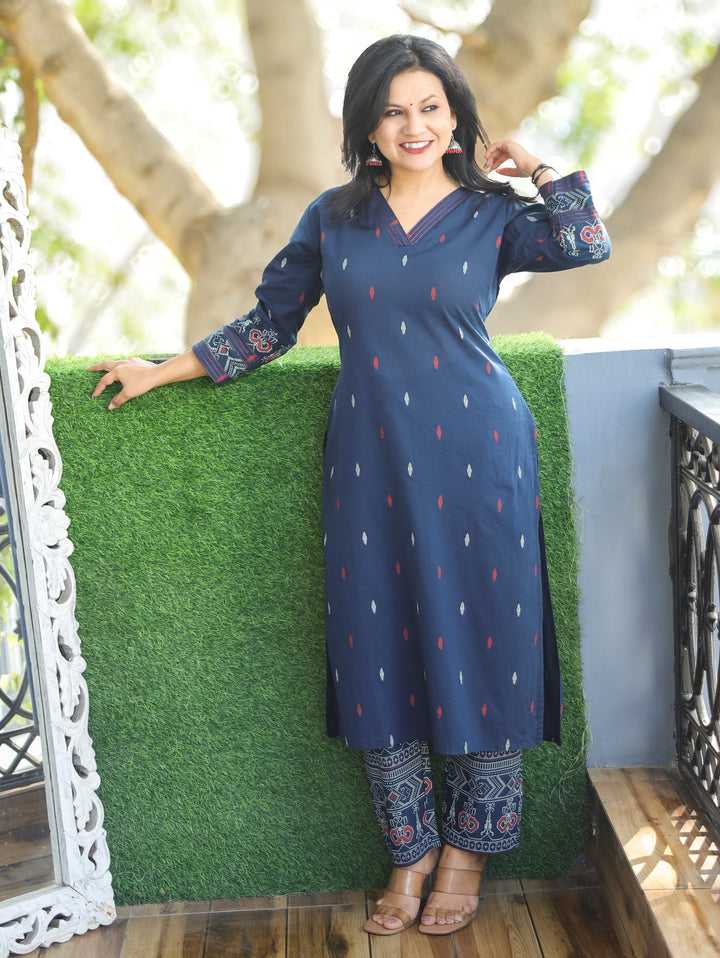 Pankhudi Denim Blue V Neck Pigment Printed Work Cotton 2 Piece Set