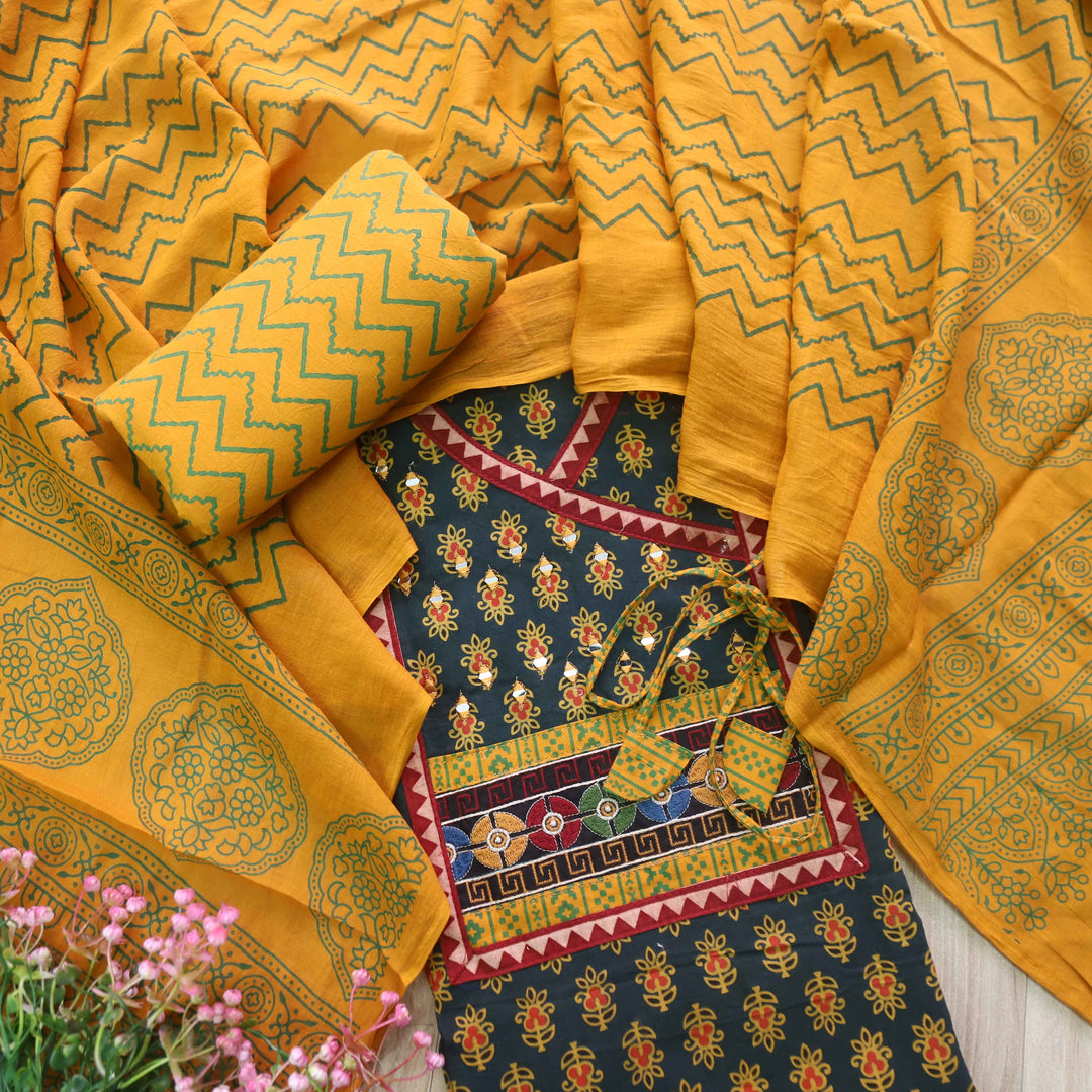 Surmai Pine Green Angrakha Style Ajrak Printed Cotton Suit Set