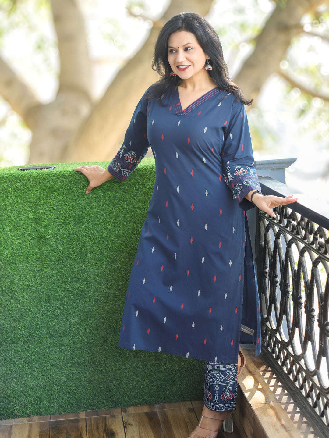 Pankhudi Denim Blue V Neck Pigment Printed Work Cotton 2 Piece Set