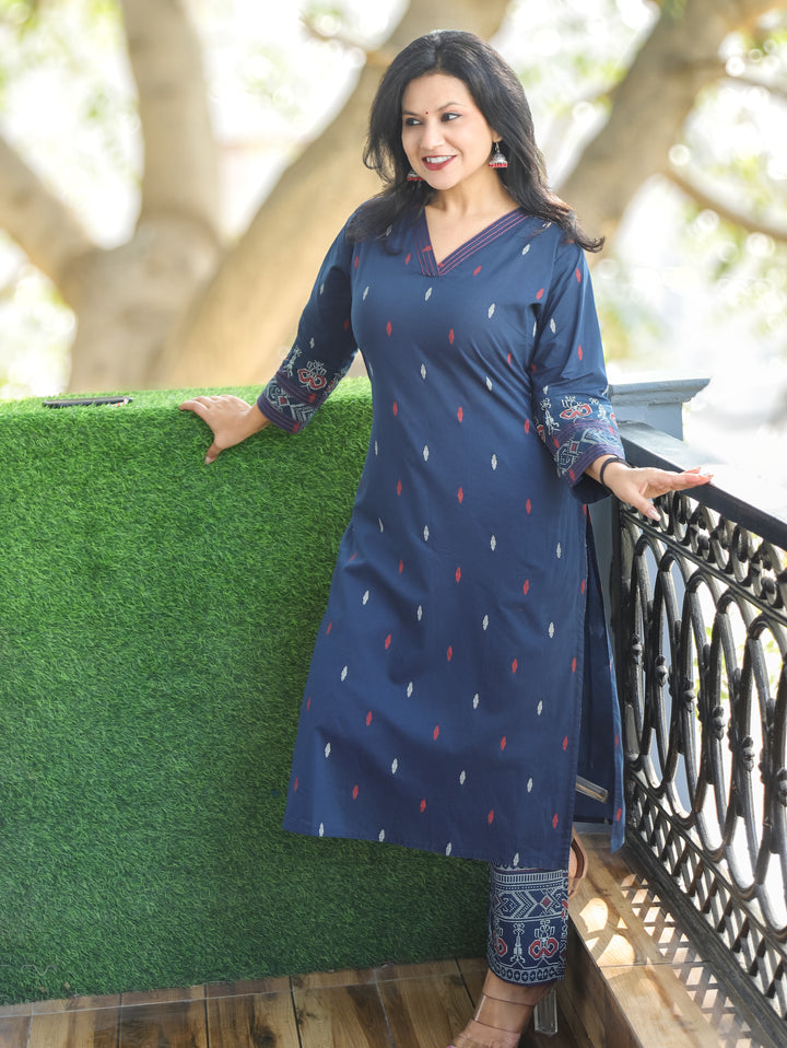 Pankhudi Denim Blue V Neck Pigment Printed Work Cotton 2 Piece Set