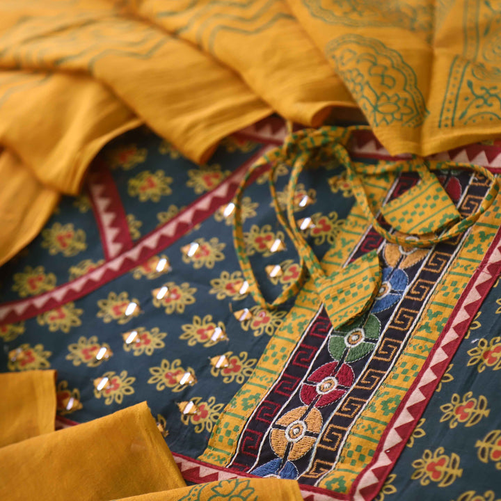 Surmai Pine Green Angrakha Style Ajrak Printed Cotton Suit Set