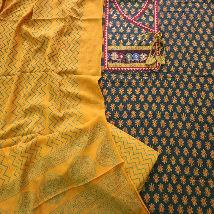 Surmai Pine Green Angrakha Style Ajrak Printed Cotton Suit Set
