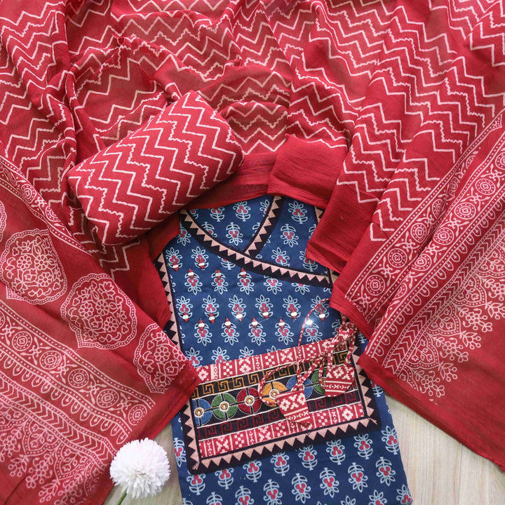 Surmai Denim Blue Angrakha Style Ajrak Printed Cotton Suit Set