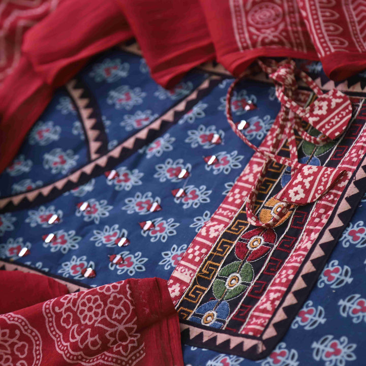 Surmai Denim Blue Angrakha Style Ajrak Printed Cotton Suit Set