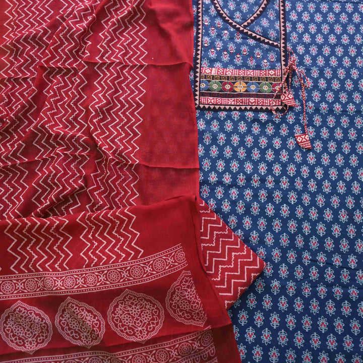 Surmai Denim Blue Angrakha Style Ajrak Printed Cotton Suit Set