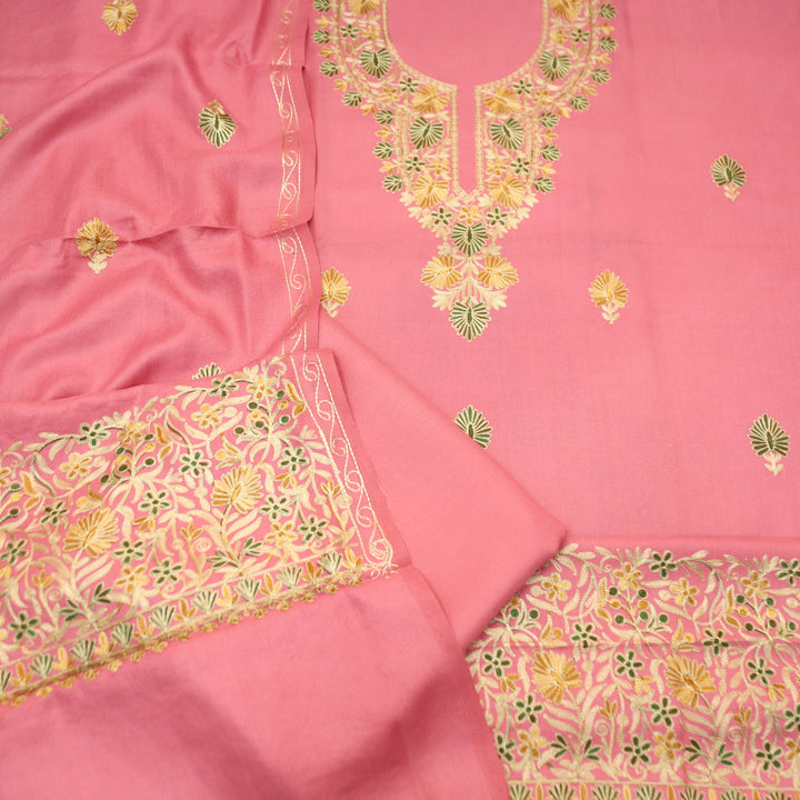 Roshni Soft Pink Kashida Embroidery Work Semi Pashmina WInter Set