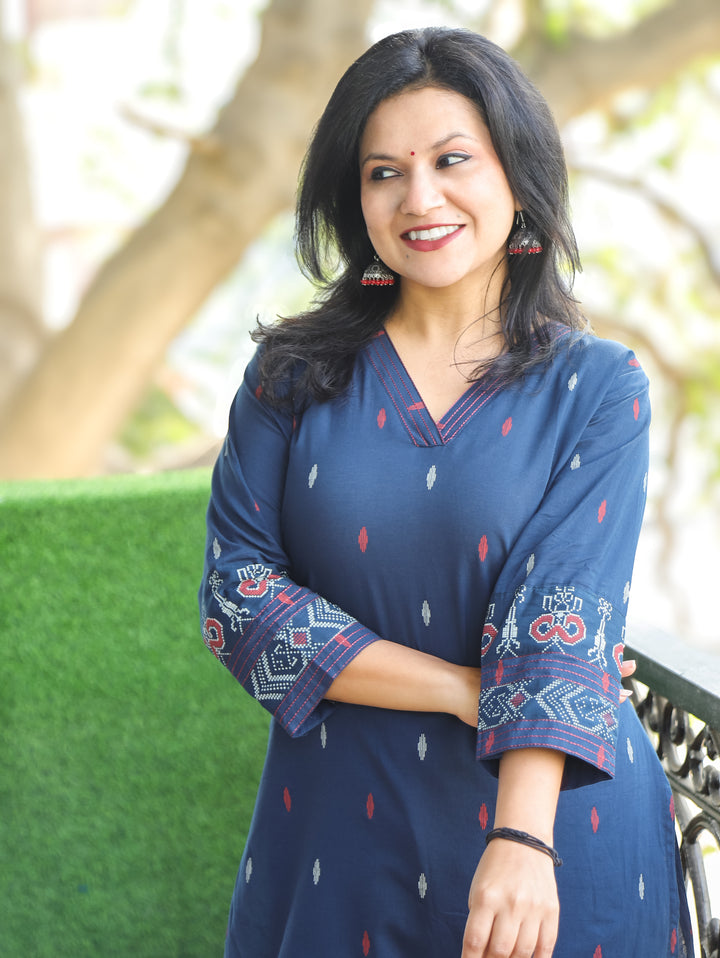 Pankhudi Denim Blue V Neck Pigment Printed Work Cotton 2 Piece Set