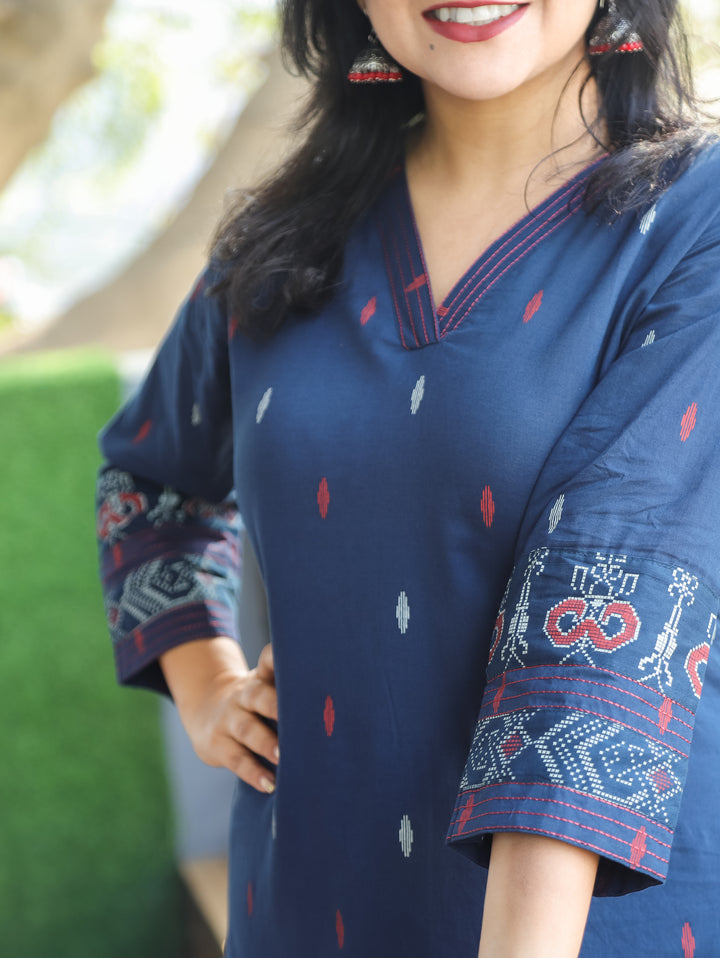 Pankhudi Denim Blue V Neck Pigment Printed Work Cotton 2 Piece Set