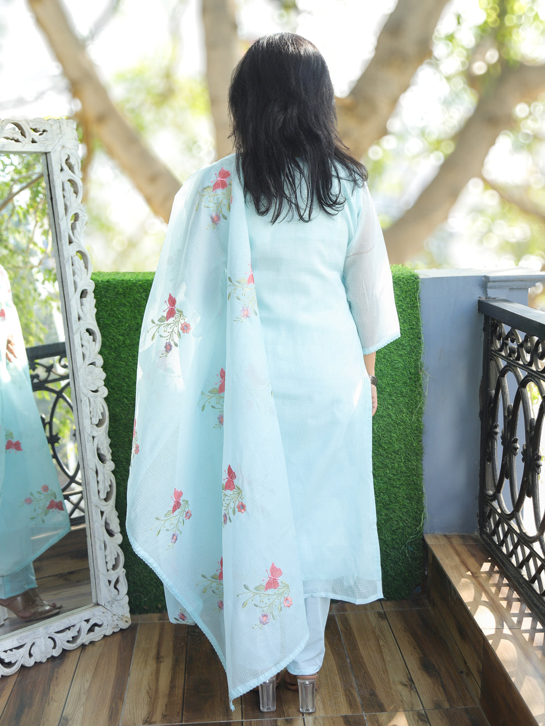 Barista Powder Blue Bird Embroidered Neck Work Kota Doriya 3 Piece Set