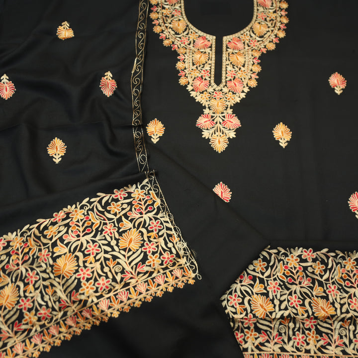 Roshni Royal Black Kashida Embroidery Work Semi Pashmina WInter Set