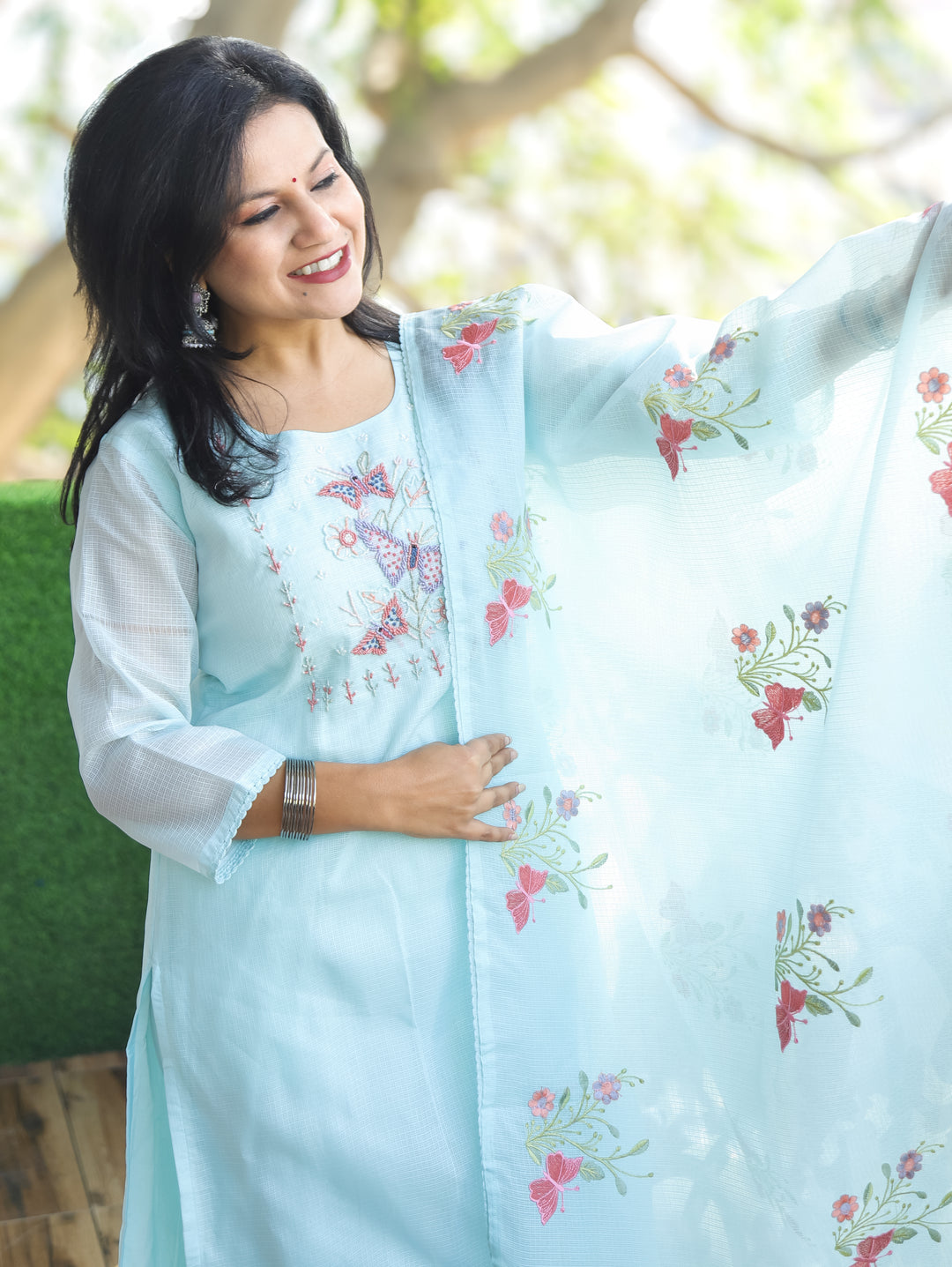 Barista Powder Blue Bird Embroidered Neck Work Kota Doriya 3 Piece Set