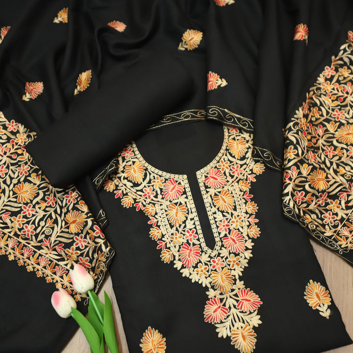 Roshni Royal Black Kashida Embroidery Work Semi Pashmina WInter Set
