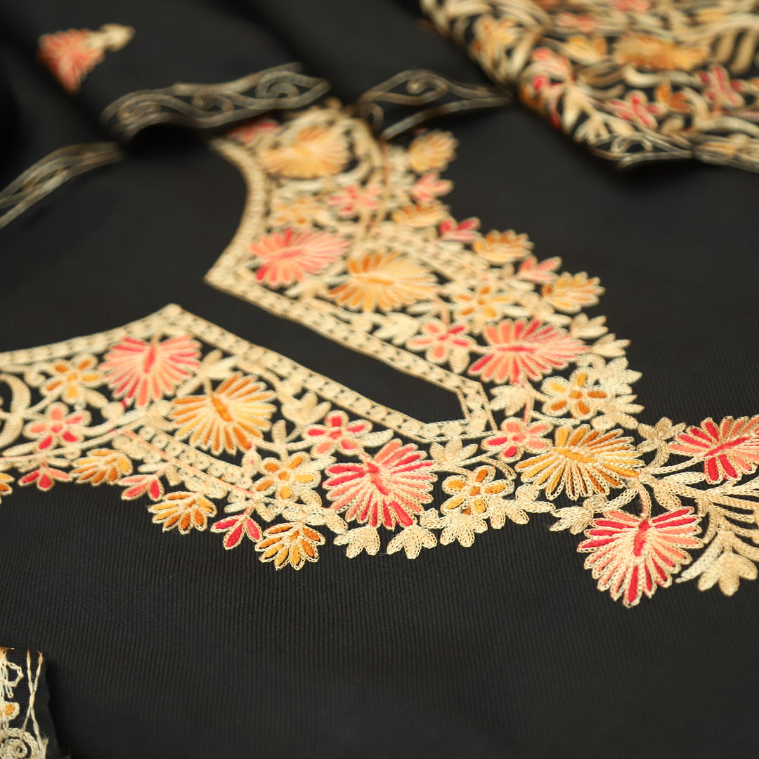 Roshni Royal Black Kashida Embroidery Work Semi Pashmina WInter Set