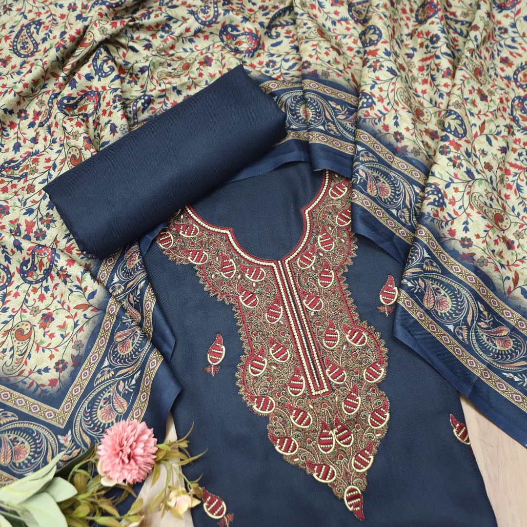 Mahisma Navy Blue Embroidered Neck Semi Pashmina Winter Set