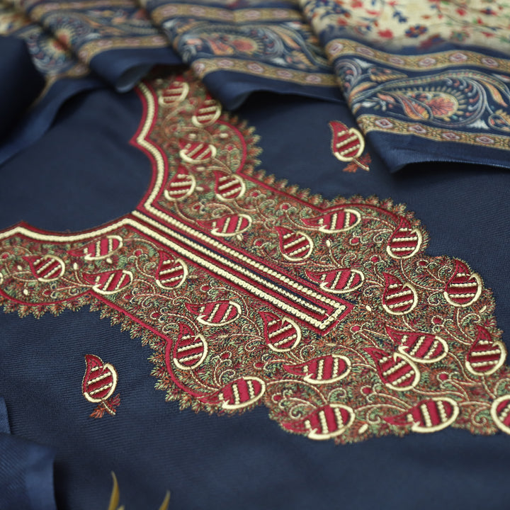 Mahisma Navy Blue Embroidered Neck Semi Pashmina Winter Set