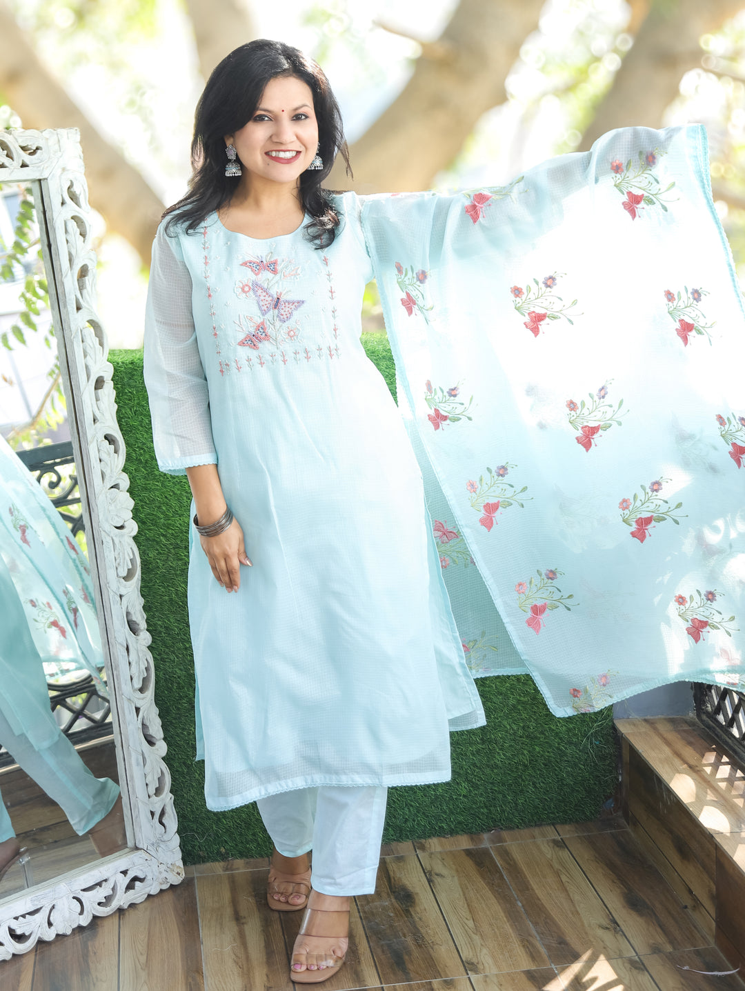 Barista Powder Blue Bird Embroidered Neck Work Kota Doriya 3 Piece Set